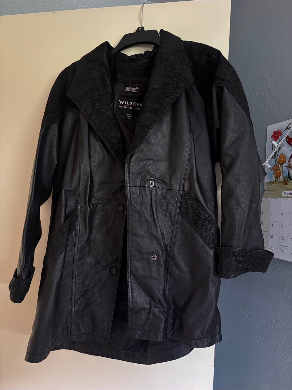 Wilsons Leather Women's Black Leather Trench Coat with Textured Trim